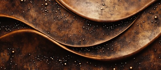 Rich brown leather texture with flowing wave patterns accented by cosmic elements and subtle metallic highlights creating an intriguing background.