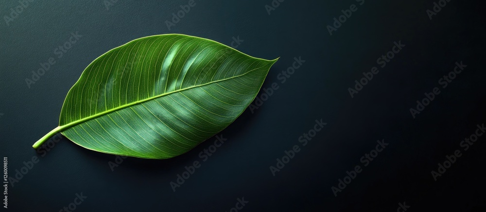 Aufkleber green banyan tree leaf positioned to the left on a dark background with ample copy space for text an