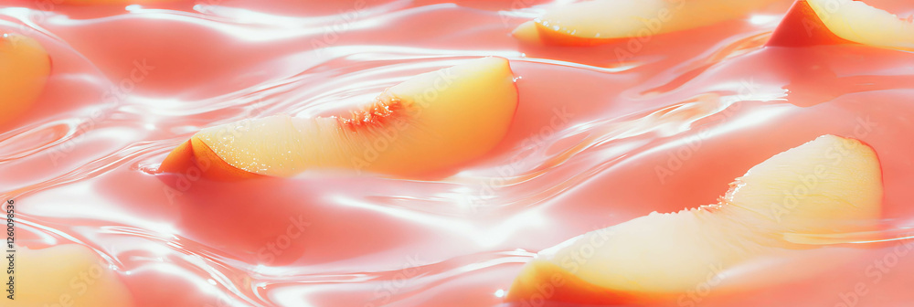 Poster oat milk forming ripples with fresh peach slices on a soft background