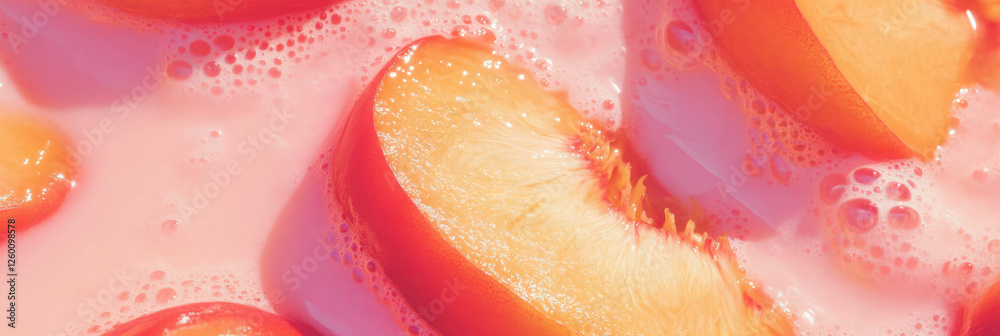 Poster oat milk and peach slices creating ripples and shadows for a refreshing summer vibe