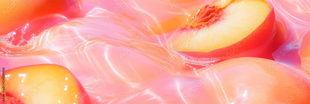 Poster Oat milk swirls with peach slices create vibrant radial patterns and soft shadows