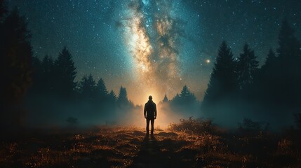 Fototapeta premium facing my faith man in foggy forest with starry sky and milky way