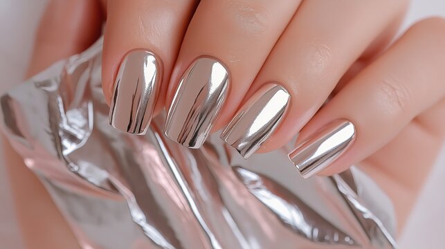 A close-up of nails with a reflective chrome gel polish manicure, showcasing a metallic and mirror-like finish in a trendy nail art design.  
