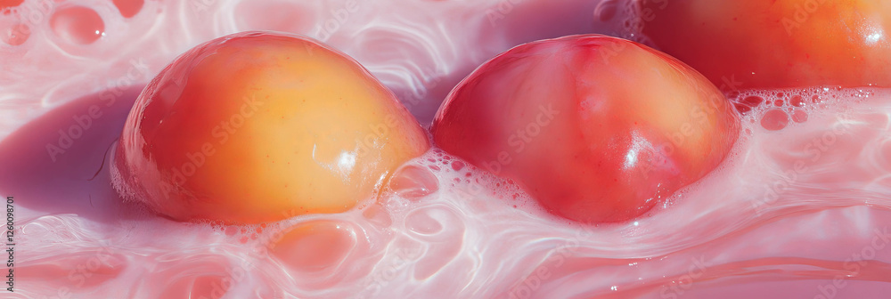 Poster sliced plums merge gracefully with oat milk creating a vibrant background for banners