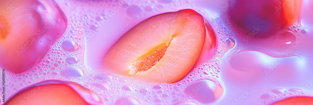 Poster delicate ripples of oat milk and plum slices create a calming background for banners