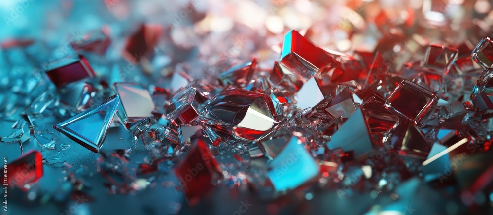 Leinwandbilder chaotic array of fragmented glass shards in red and blue hues scattered across a reflective surface,