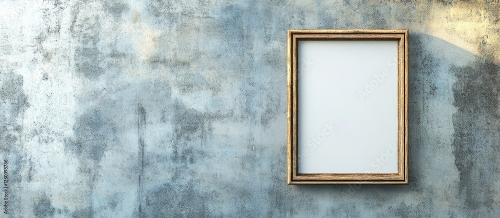 Poster empty golden picture frame positioned on the right side of a textured gray concrete wall, ideal for 