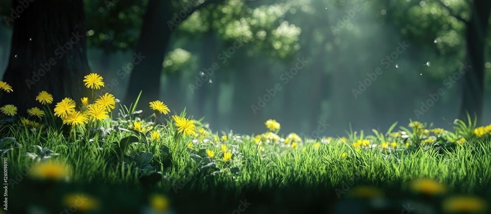 Aufkleber pristine forest lawn featuring vibrant fresh green grass and bright yellow dandelions in the foregro