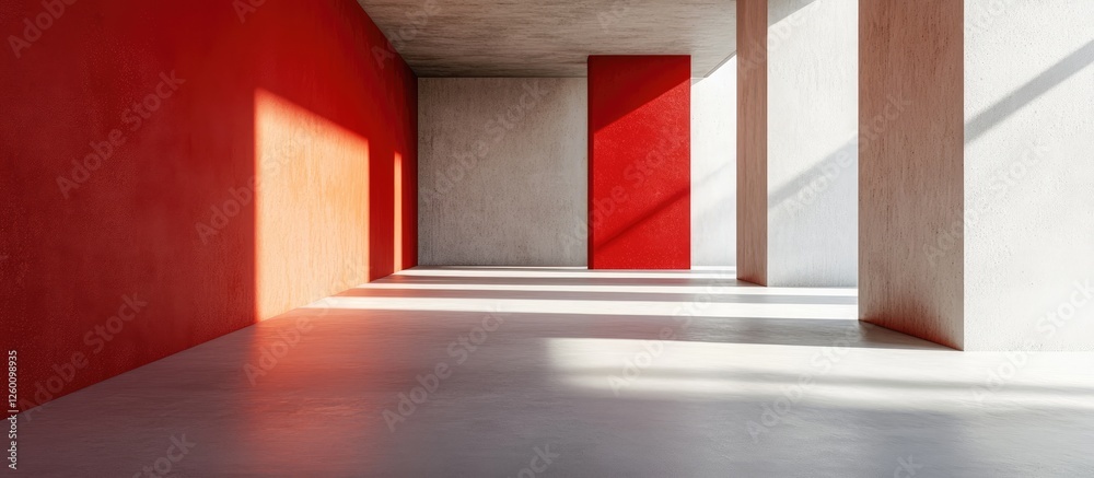 Poster vibrant interior scene with spotless concrete floor and red accent walls casting dynamic shadows in 