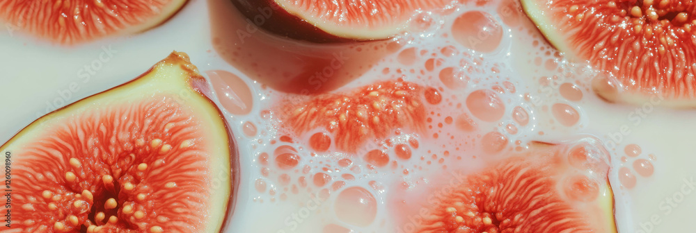 Poster milk with fresh fig slices creating ripples and textures in off-white liquid