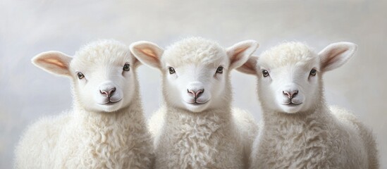Obraz premium Three fluffy white lambs standing close together against a soft gray background, radiating innocence and joy, perfect for wedding wishes.
