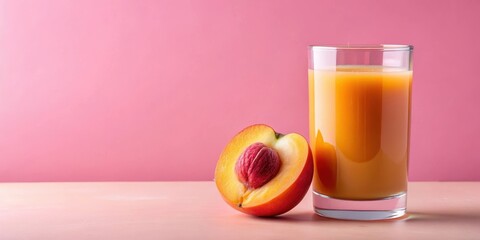 Fresh peach juice in a glass with whole peach and slice on pink background, fresh, summer,  fresh,summer, colorful