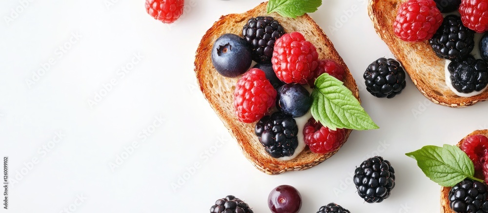 Poster healthy breakfast toast topped with assorted berries including raspberries blueberries blackberries 