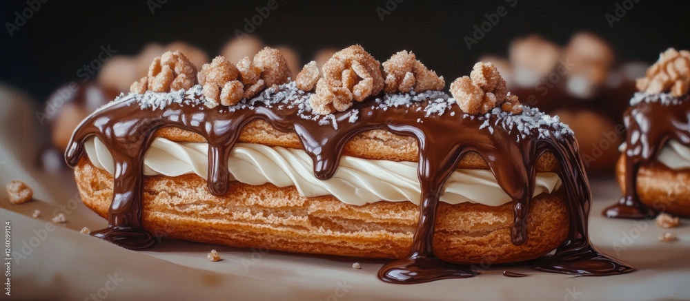 Poster decadent eclairs drizzled with rich chocolate sauce, topped with caramelized nuts and shredded cocon