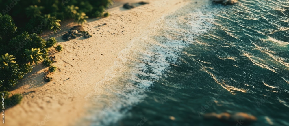 Poster aerial view of a serene beach with golden sand and turquoise waves gently lapping the shore surround