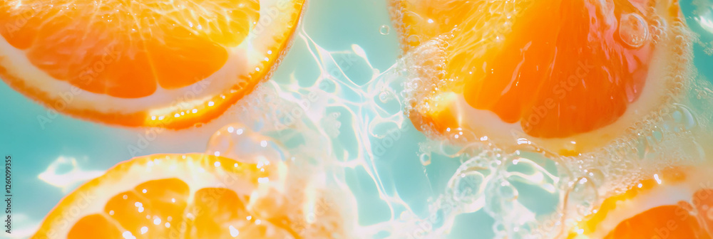 Poster enjoying orange milk with vibrant ripples and sinking orange segments from a top view