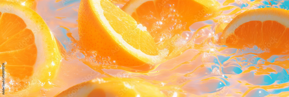 Poster Vibrant orange milk with floating segments and ripples in a whimsical top view display
