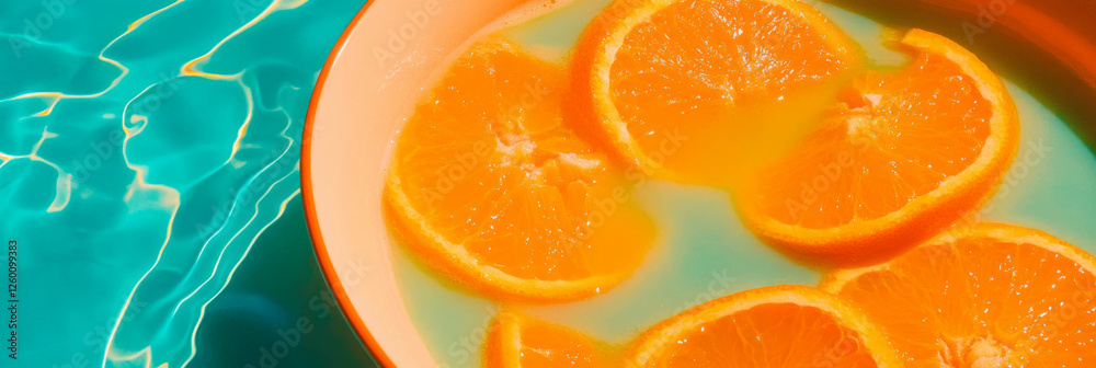 Aufkleber vibrant orange milk with citrus segments and ripples in a refreshing pool setting
