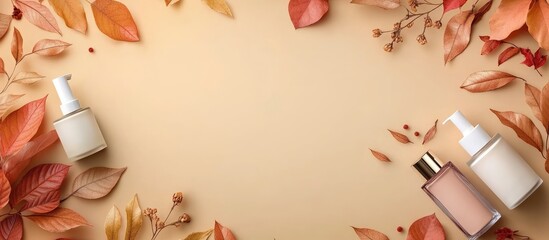 Autumn skincare and makeup flat lay showcasing white and pink beauty bottles on beige with vibrant orange and red leaves framing the scene