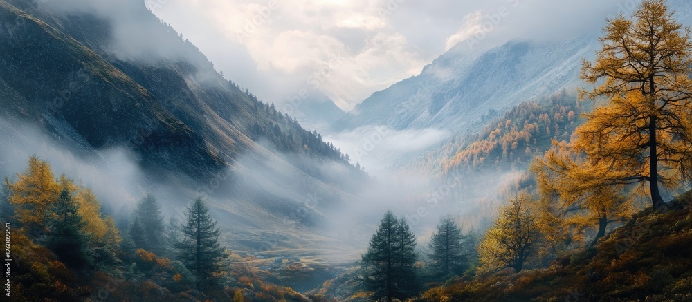 Poster misty autumn valley with golden and green trees layered in soft fog under a cloudy sky, showcasing a