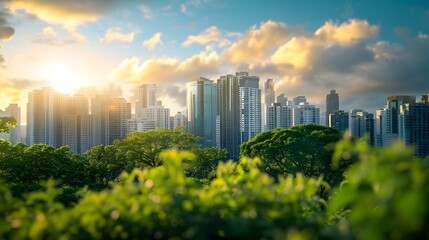 Sunset over the city with buildings in the back and trees in the front, landscape, urban HD banner wallpaper