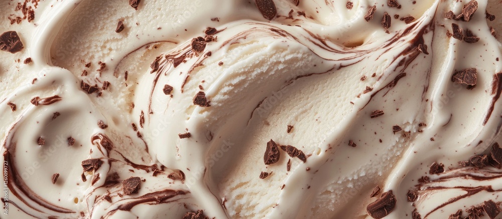 Poster creamy vanilla ice cream swirled with rich chocolate sauce and chocolate flakes on top creating a de