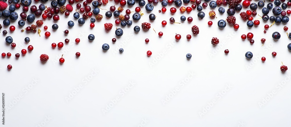 Poster assorted fresh blueberries and red berries scattered across a white background, showcasing various s