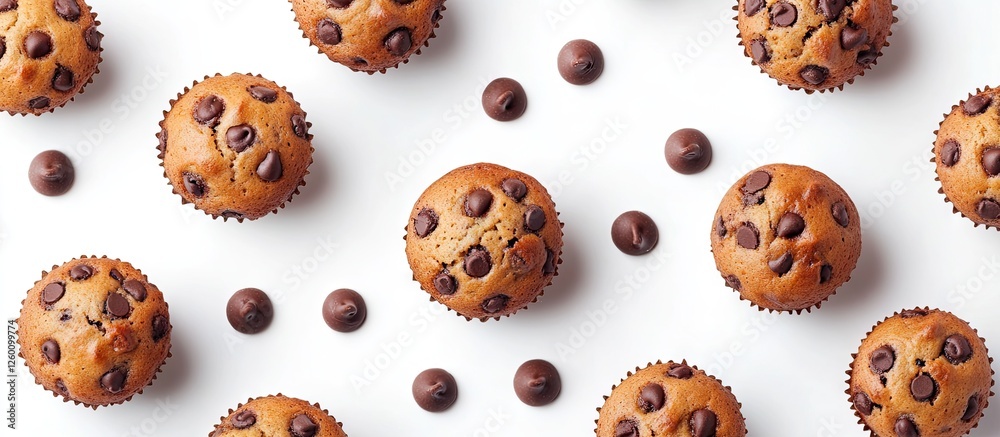 Aufkleber Chocolate chip muffins arranged in a scattered pattern on a bright white background with chocolate chips accentuating the composition.