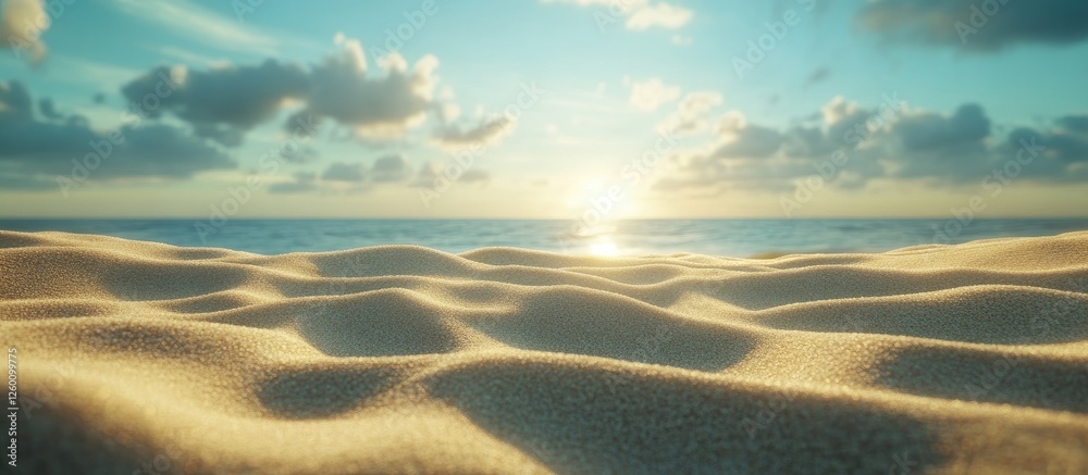 Poster serene beachfront at sunset with golden sand dunes in foreground and calm ocean waves under a bright