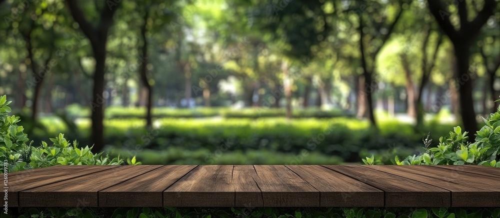 Leinwandbilder Wooden platform in foreground with blurred green park garden background featuring trees and soft bokeh light enhancing a serene nature atmosphere