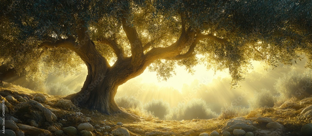 Fototapete Centennial olive tree with a wide trunk illuminated by soft sunlight beams creating an enchanting atmosphere over a rocky terrain