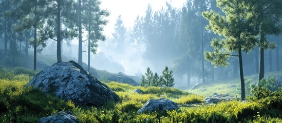 Fototapeta premium Serene misty forest landscape with lush green grass and tall pine trees, soft blue tones, large rocks scattered throughout the vibrant scene.