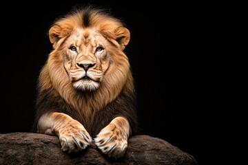 Fototapeta premium Majestic lion with powerful gaze resting gracefully against dark