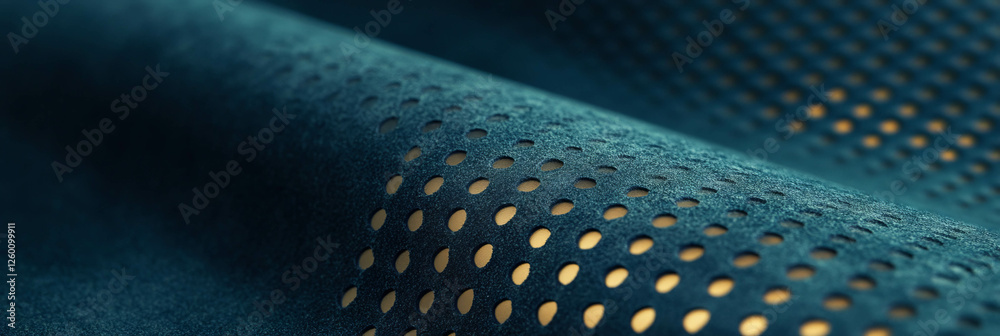 Poster close-up of perforated suede with matte brass and textured slate accents in rich blue tones