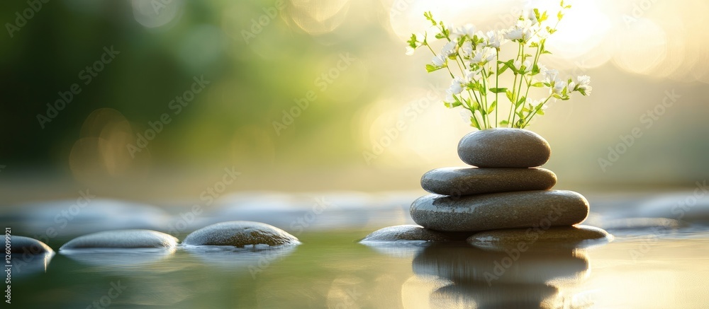 Poster serene stack of smooth stones with delicate white flowers on a blurred background of soft greens and