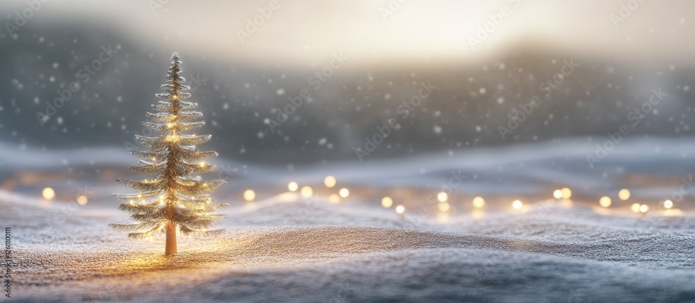 Poster Blurred Christmas tree with glowing lights on a soft snowy landscape background creating a serene winter atmosphere for holiday advertising.