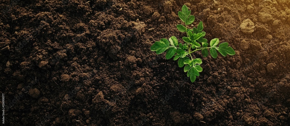 Aufkleber vibrant green seedling emerging from rich dark soil with warm golden light illuminating the scene, a
