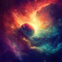 Obraz premium Colorful planet emerges from a vibrant cosmic nebula backdrop