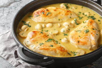 Tasty Chicken Diane with creamy brandy sauce and mushrooms closeup in the skillet on the table. Horizontal