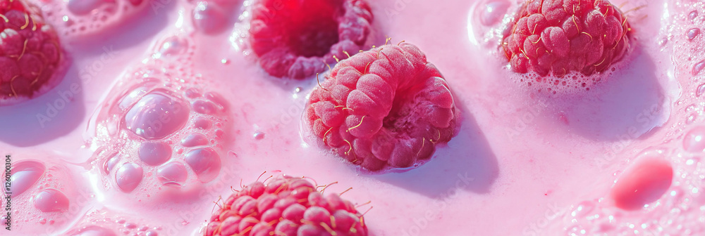 Poster delicious pink milk with raspberry ripples and fresh whole raspberries from a top view angle