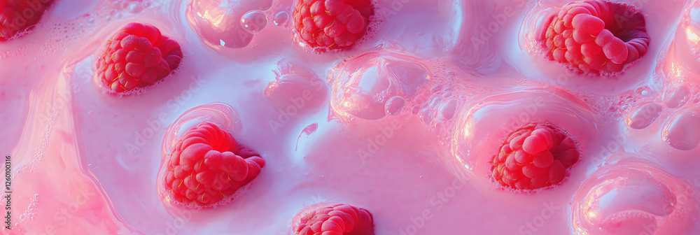 Poster Delightful pink milk with raspberry ripples and whole berries in a top view capture