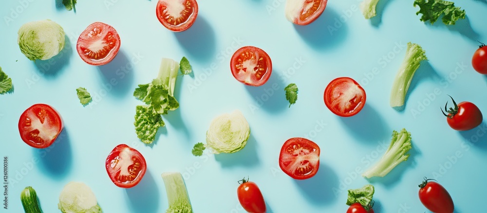 Poster vibrant flat lay of chopped tomatoes and fresh lettuce scattered on a light blue background featurin
