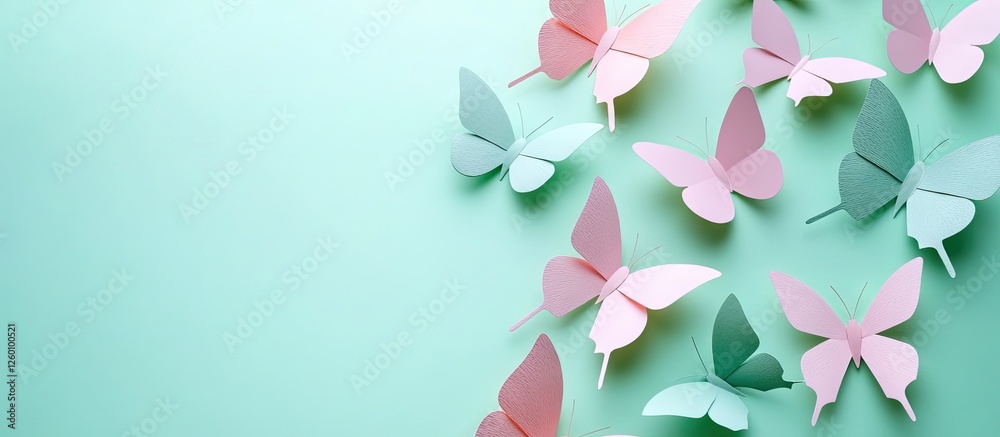 Aufkleber colorful flat lay of paper butterflies in green and pink shades against a soft mint background with 