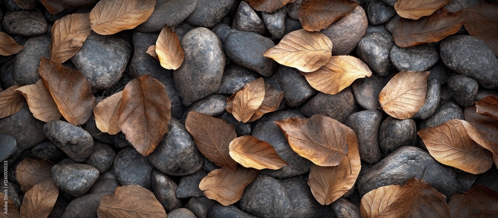 Aufkleber autumn leaves in warm tones scattered among smooth gray pebbles creating a serene fall atmosphere em