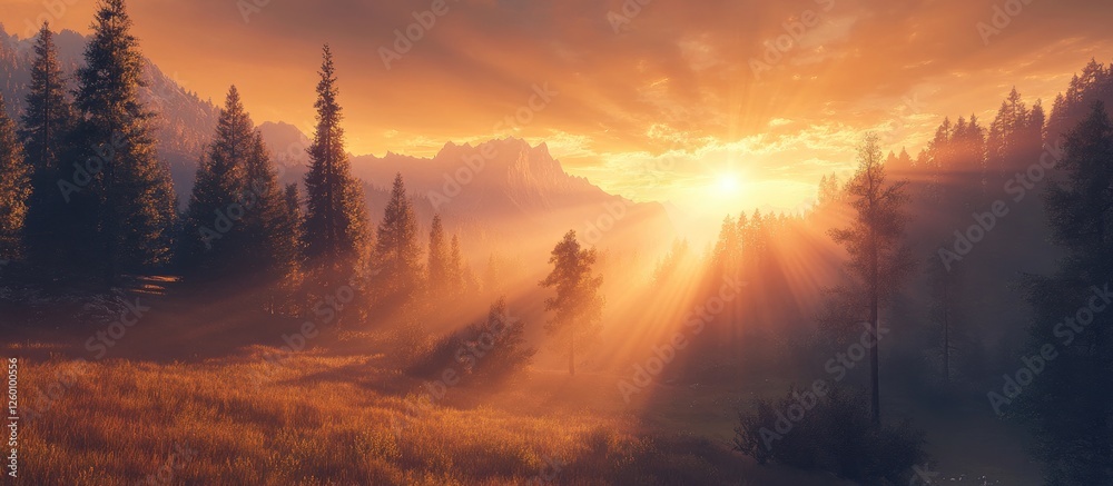 Poster panoramic landscape at sunrise showcasing golden rays filtering through tall evergreen trees with a 