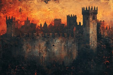 Naklejka premium Dark fortress silhouette against a vibrant sunset sky with a dramatic atmosphere