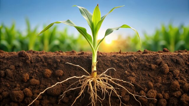 Root system of corn seedling in soil with roots growing downwards and outwards