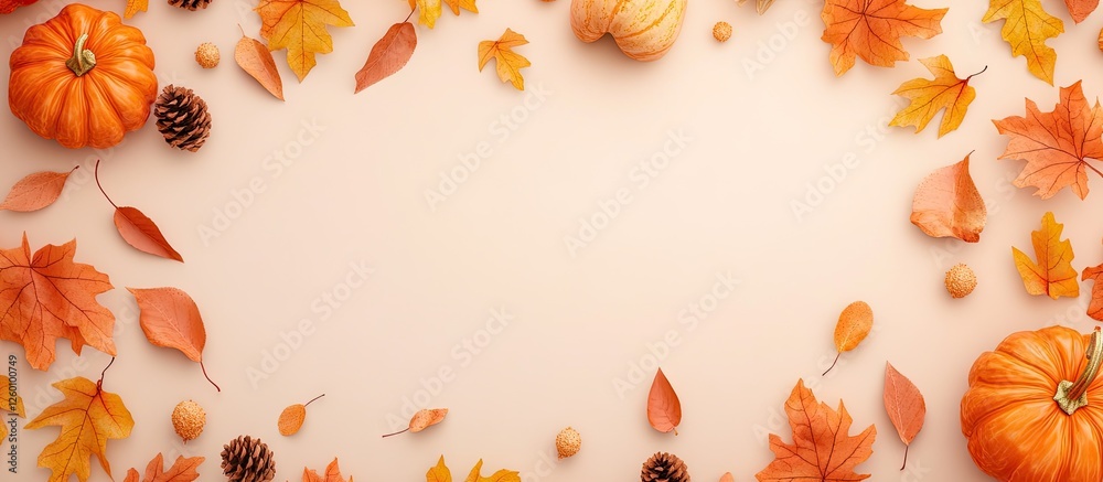Poster Autumnal arrangement of vibrant orange pumpkins and colorful leaves on a soft beige background with ample copy space for fall-themed text.