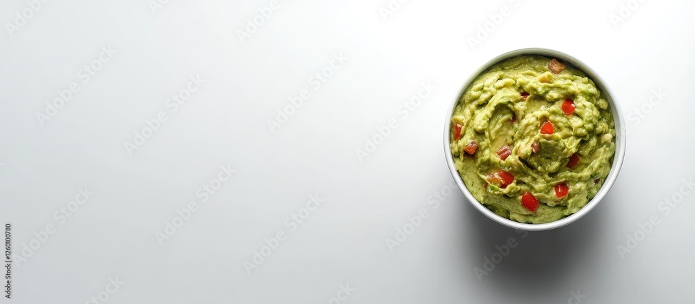 Aufkleber top view of a silver bowl filled with guacamole, garnished with diced tomatoes, set against a light 