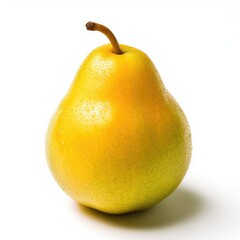 A vibrant yellow pear, glistening with moisture, sits on a pristine white background, capturing the essence of freshness and natural beauty.